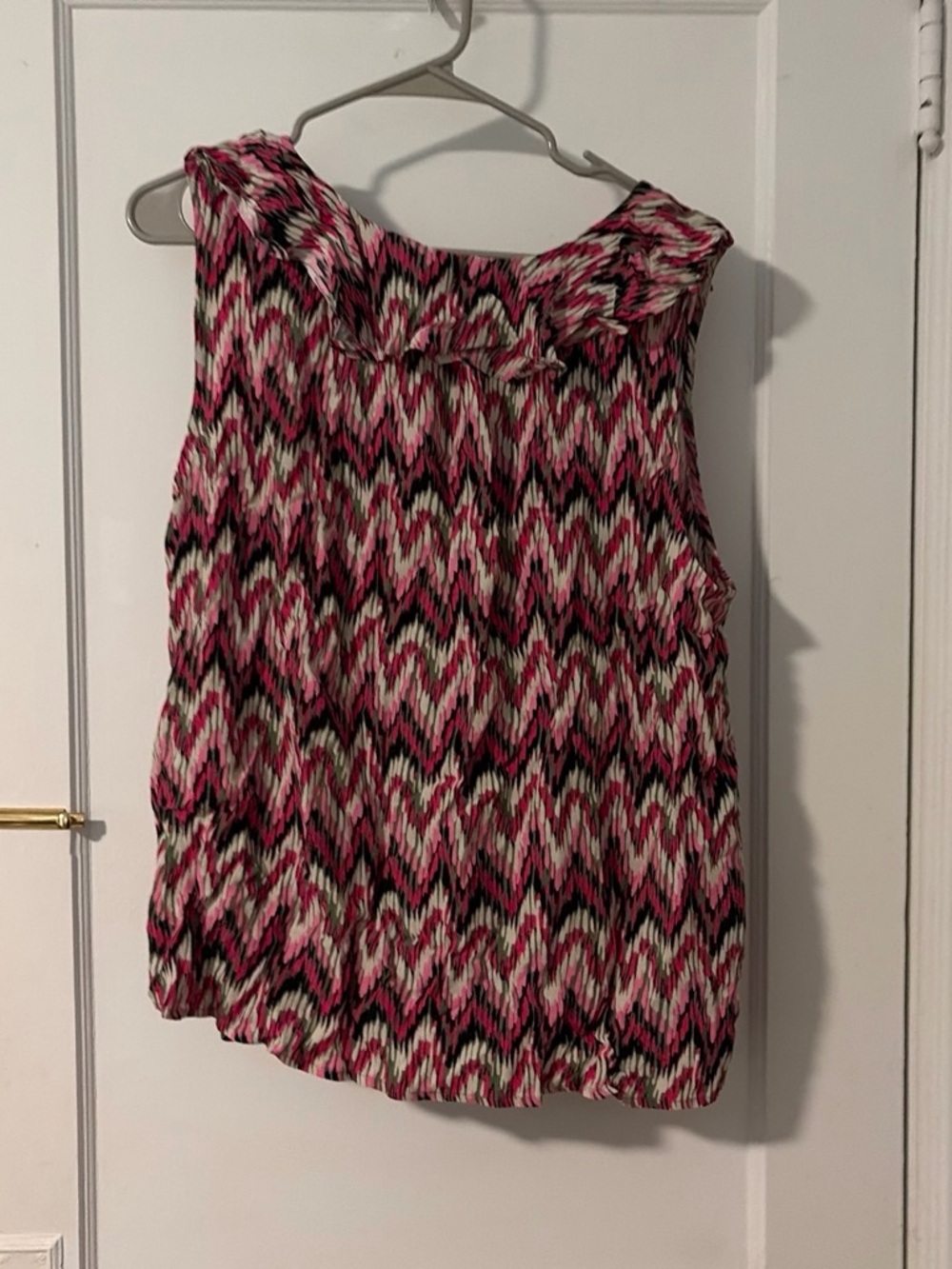 LOFT Pink Black and White Sleeveless Ruffle-Neck Camisole